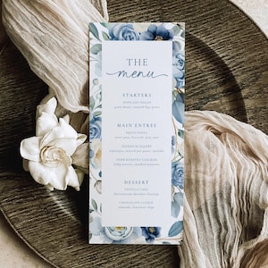 Plantilla de menú floral azul, menú de boda con flores silvestres, menú de despedida de soltera con flores, menú floral, tarjeta de menú de boda azul polvoriento, menú de boda boho, B5