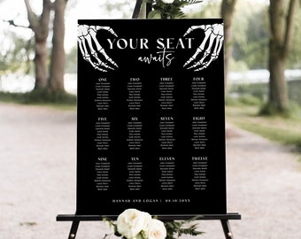Plantilla de tabla de asientos de boda gótica, tabla de asientos de boda de Halloween, tabla de asientos góticos espeluznantes, boda de mal humor, decoración de boda gótica, H7