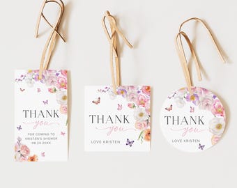 May include: Three floral thank you tags with butterflies and the text "Thank you" on each. The first tag says "For coming to Kristen's shower 08.20.20XX". The second tag says "Love Kristen". The third tag says "Love Kristen".
