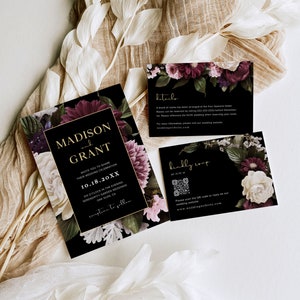 Dunkle Hochzeitseinladungs-Vorlagen, Gartenblumenhochzeit, Blumen einladen, QR-Code, Stimmungsvolle Hochzeitseinladung, Dunkelwaldhochzeit, D2