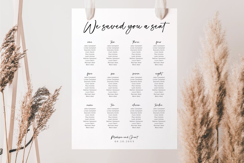 Cartel de tabla de asientos minimalista, signo de tabla de asientos de boda moderna, tabla de asientos boho, asientos de boda, plantilla de tabla de asientos editable, M1 imagen 3