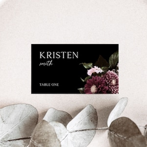 Donkere botanische bruiloft plaatskaarten sjabloon, humeurige bruiloft, bloemen tabel nummer kaart, afdrukbaar, bewerkbaar, Instant Download, D1