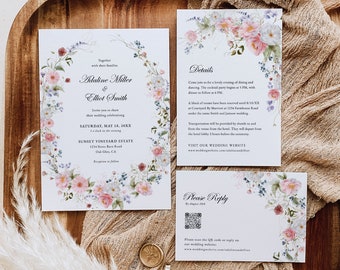 Floral Wedding Invitation Template, Wild Flower Wedding Invitation Wildflower Wedding Invitation, Spring Wedding Invitation RSVP QR Code, S5