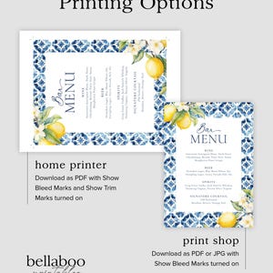 May include: Two printable bar menus with a blue and white tile pattern and lemons. The text on the menu says "Bar Menu" and lists wine, beer, spirits, and a signature cocktail.