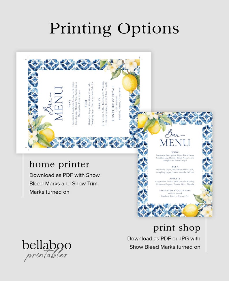 May include: Two printable bar menus with a blue and white tile pattern and lemons. The text on the menu says "Bar Menu" and lists wine, beer, spirits, and a signature cocktail.