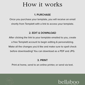 May include: How it works: A graphic with three steps for purchasing, editing, and printing a digital template. The steps are: 1. Purchase, 2. Edit & Download, and 3. Print. The graphic also includes the text "bellaboo printables".