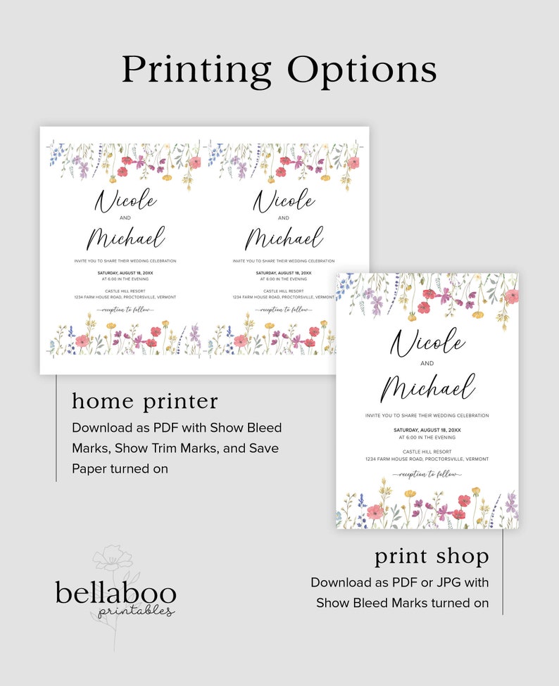 May include: A printable wedding invitation template with a floral border. The invitation is for Nicole and Michael and includes the date, time, and location of the wedding. The text "home printer" and "print shop" are also included, indicating the different printing options available.