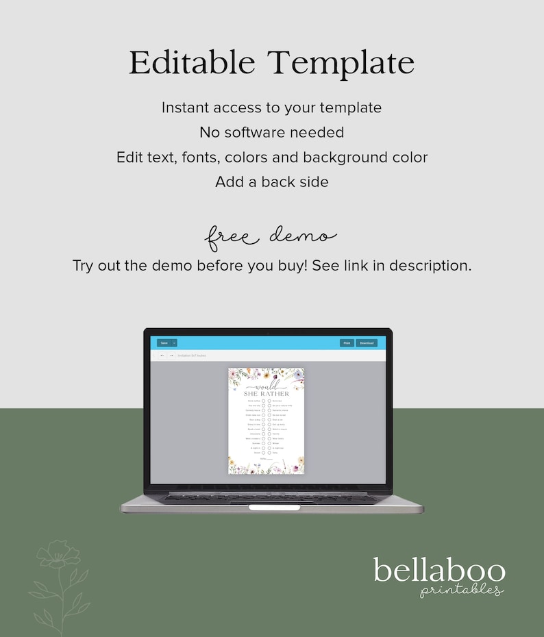 May include: Editable template for a "Would You Rather" game with a floral design. The template is shown on a laptop screen with a preview of the game card. The text "Would You Rather" is visible on the game card.