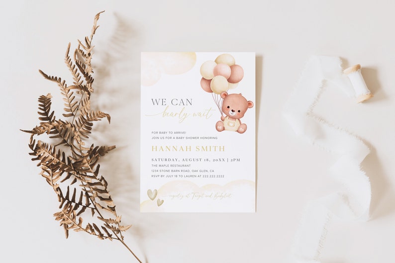 We Can Bearly Wait Baby Shower Invitation Template, Editable Boho Baby Shower Invitation, Printable Gender Neutral Baby Shower Invite, 3B image 2