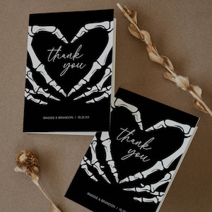 Plantilla de boda de tarjeta de agradecimiento gótica de Halloween, boda de mal humor oscuro, tarjeta de agradecimiento de corazón esqueleto, editable, descarga instantánea, B1
