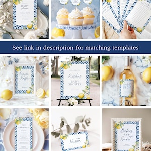 May include: A set of printable baby shower party decorations with a blue and white tile pattern and lemons. The decorations include a welcome sign, a diaper raffle sign, a menu, a place card, a babies are sweet sign, and a game card.