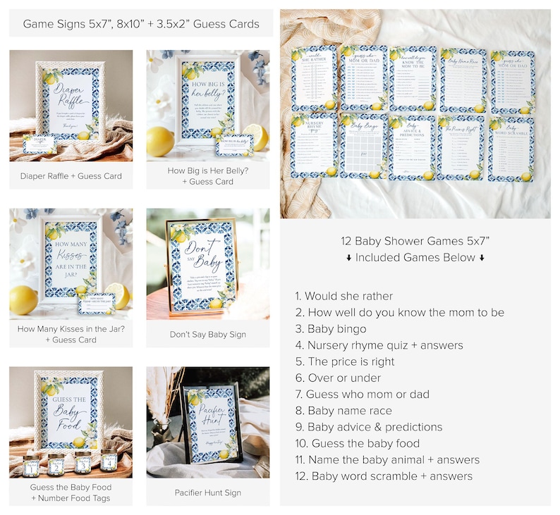 Mediterranean Lemon Baby Shower Invitation Template, Amalfi Baby Shower Italian Baby Shower Bundle Citrus Baby Shower Games Printable, B6 image 7