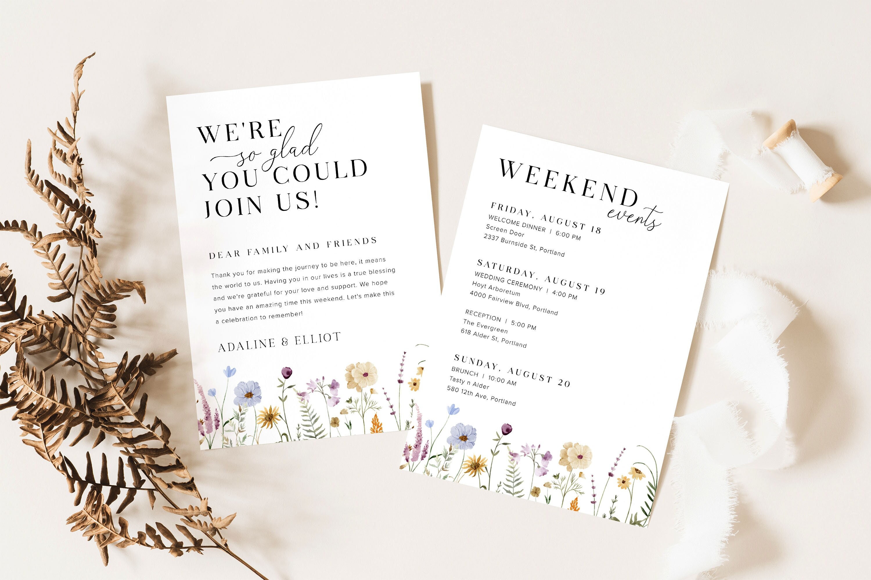 Wedding Welcome Note Template, Wedding Weekend Itinerary Template, Wildflower Wedding Order of Events, Wedding Welcome Bag Note, S4