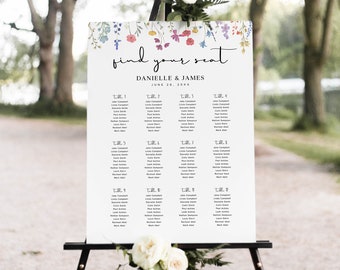 Plantilla de signo de tabla de asientos de flores silvestres, tabla de asientos de boda boho, signo de plan de asientos florales, cartel de tabla de asientos de boda editable, S2