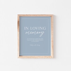 Op de afbeelding: Een lichtblauw ingelijst bord met de tekst "IN LOVING memory" in wit handschrift. Het bord bevat ook de tekst "OF THOSE WHO CANNOT BE HERE TODAY BUT ARE FOREVER PRESENT IN OUR HEARTS Today and always".