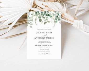 Eucalyptus Wedding Invitation Template, Boho Greenery Wedding, Sage Green Invite, Modern, Editable, Instant Download, G2