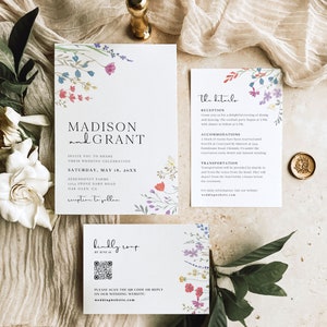 Boho Wedding Invitation Suite with QR Code, Wildflower Wedding Invitation Template, Printable Wedding Invitation, Floral Wedding Invite, S2 image 2