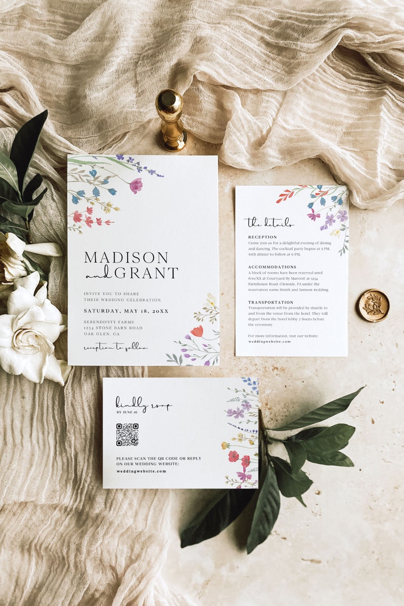 Boho Wedding Invitation Suite with QR Code, Wildflower Wedding Invitation Template, Printable Wedding Invitation, Floral Wedding Invite, S2 image 2