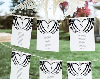 Tarjetas de tabla de asientos de boda de Halloween, boda gótica, plantilla de tabla de asientos, tarjetas de plan de asientos de boda de mal humor, decoración de boda gótica, H4