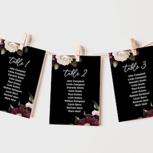 Modelo de cartões de gráfico de assentos botânicos, casamento de flores escuras, cartão de plano de assentos de casamento floral, cartões de assentos pendurados temperamentais, imprimível, D1