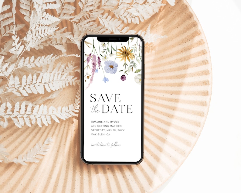 May include: A digital save the date card with a floral design. The text reads "Save the Date", "Adaline and Ryder", "Are Getting Married", "Saturday, May 18, 20XX", "Oak Glen, CA", and "Invitation to Follow".