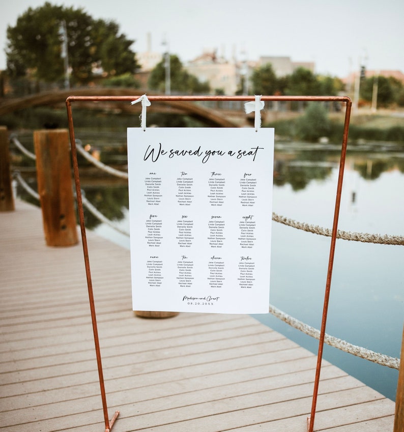 Cartel de tabla de asientos minimalista, signo de tabla de asientos de boda moderna, tabla de asientos boho, asientos de boda, plantilla de tabla de asientos editable, M1 imagen 1