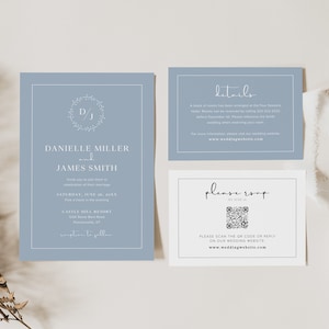 Dusty Blue Wedding Invitation Suite Templates, Blue Wedding, Minimalist Wedding Invitation, Editable Wedding Invitation, QR Code RSVP, B3
