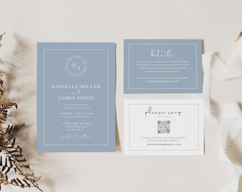 Dusty Blue Wedding Invitation Suite Templates, Blue Wedding, Minimalist Wedding Invitation, Editable Wedding Invitation, QR Code RSVP, B3