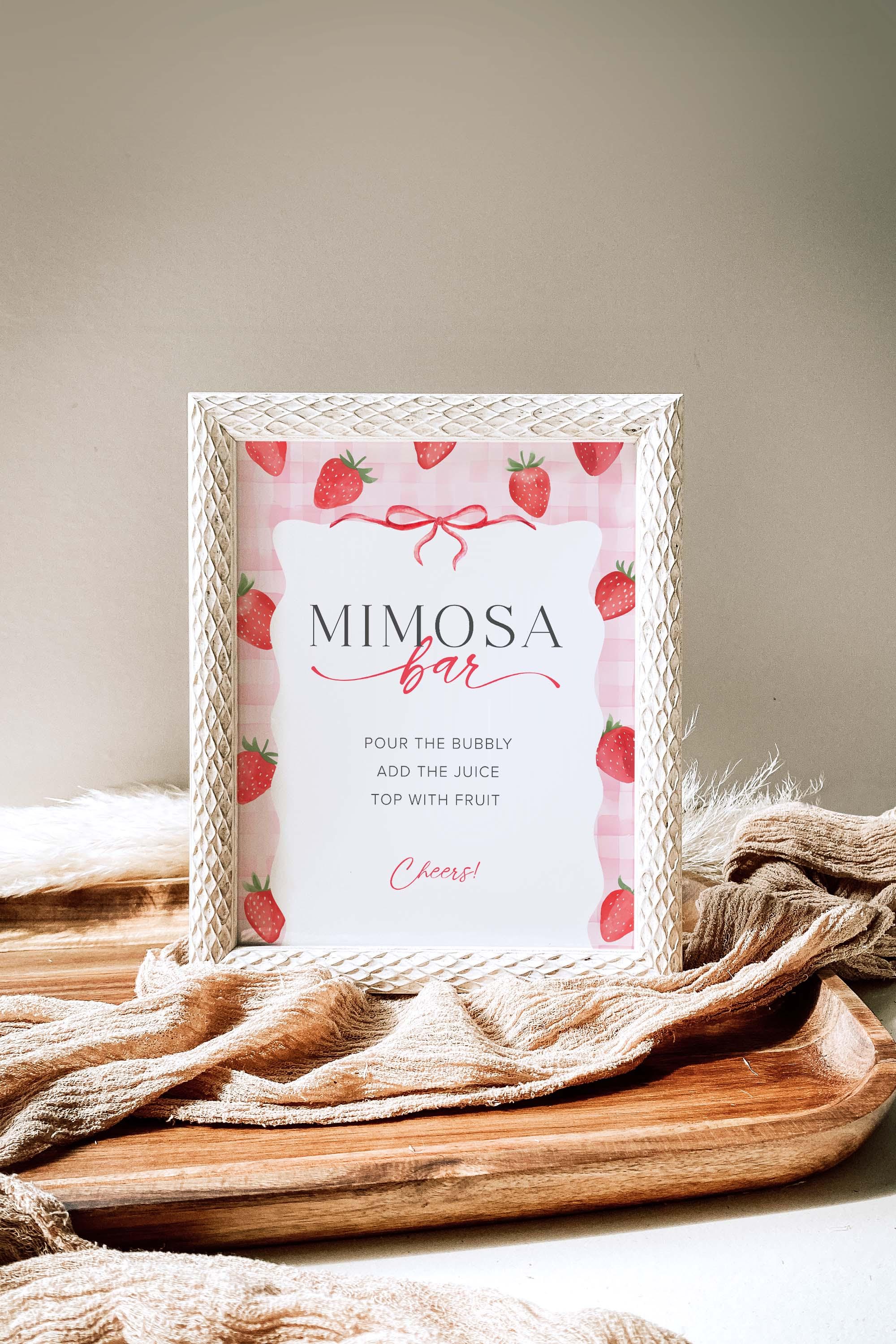 Modello per cartello Mimosa Bar, modello stampabile per Mimosa Bar con motivo ondulato rosa, cartello per baby shower alla fragola, cartello per bar spumeggiante, cartello per doccia dolce ai frutti di bosco, cartello per Momosa Bar 12B