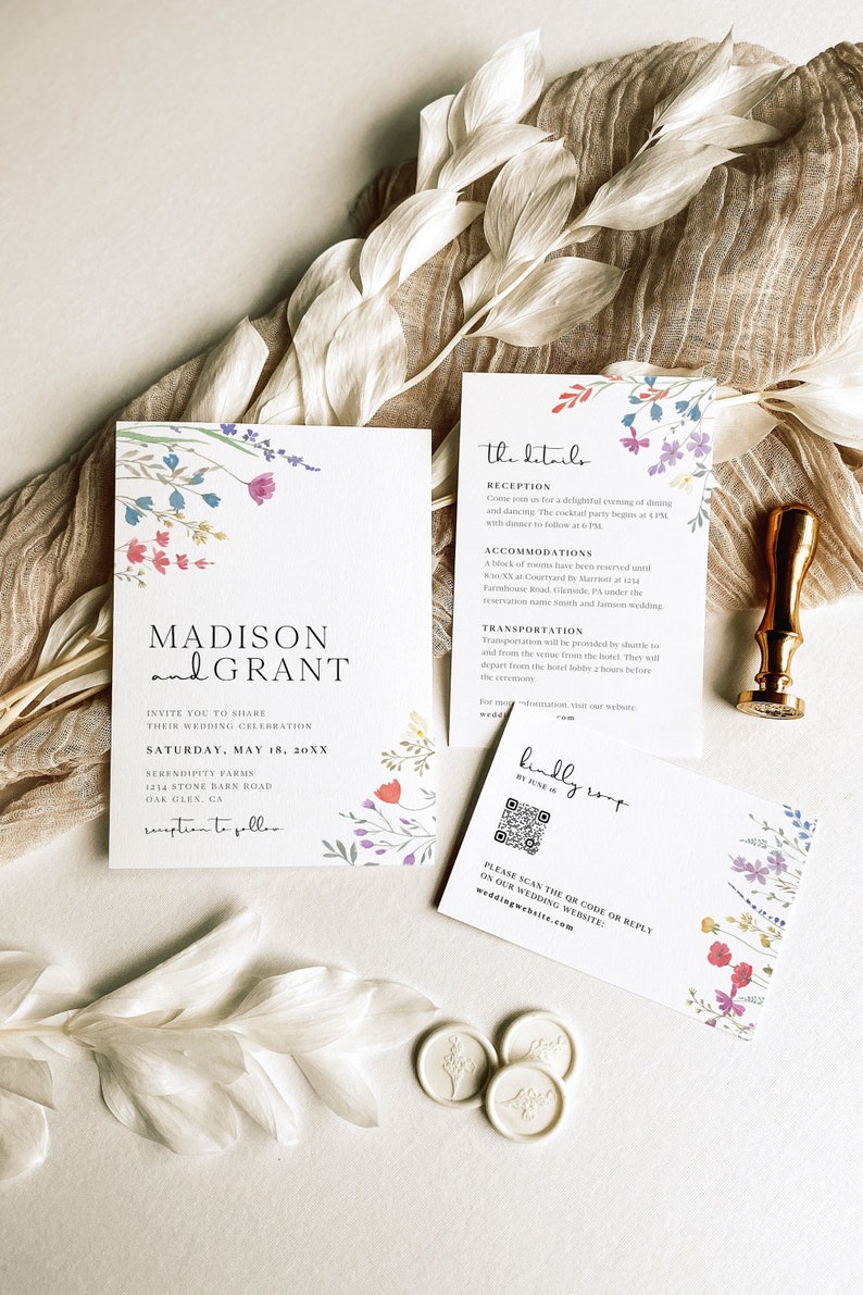 Boho Wedding Invitation Suite with QR Code, Wildflower Wedding Invitation Template, Printable Wedding Invitation, Floral Wedding Invite, S2 image 1