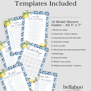 May include: Ten printable bridal shower games with a lemon and blue floral design. The games include "Would She Rather", "Guess Who - Bride or Groom", "How Well Do You Know the Bride", "Guess the Number", "Over or Under", "Who Knows the Bride and Groom Best", "Bridal Bingo", "Guess the Dress", "What's in Your Purse", and "Bridal Word Scramble".