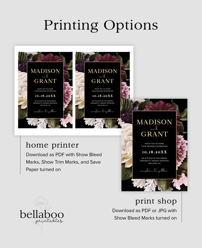 Puede incluir: Una plantilla de invitaci&oacute;n de boda imprimible con fondo negro y dise&ntilde;o floral. El texto dice "Madison y Grant" con la fecha de la boda "10.18.20XX".