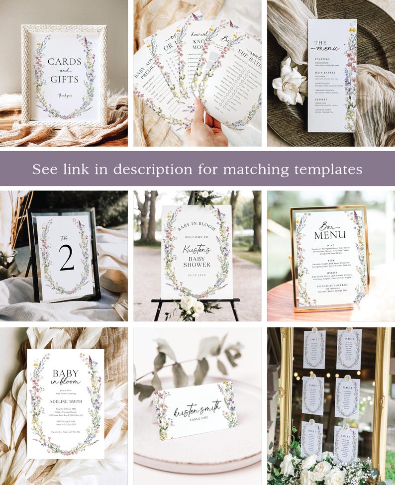 May include: A set of printable baby shower decorations featuring a floral wreath design with watercolor flowers. The set includes a welcome sign, table numbers, a bar menu, a seating chart, and place cards. The text on the welcome sign reads "Baby in Bloom, Welcome to Kristen's Baby Shower".