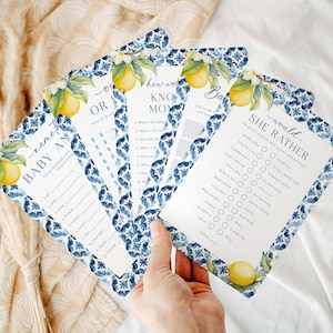 Mediterranean Lemon Baby Shower Games Bundle Template, Citrus Baby Shower Games Blue Tile Baby Shower Games Italian Baby Shower Games, B6