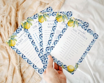 Mediterranean Lemon Baby Shower Games Bundle Template, Citrus Baby Shower Games Blue Tile Baby Shower Games Italian Baby Shower Games, B6