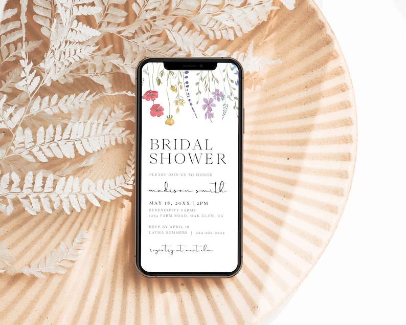 Boho Wildflower Bridal Shower Evite Invitation Template, Spring Garden Bridal Brunch Digital Invitation, Floral Mobile iPhone Invite, S2 image 1