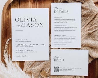 Minimalist Wedding Invitation with QR Code, Editable Modern Wedding Invite, Photo Wedding Invitation, Minimalist Wedding Invite Template, M2