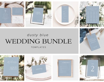 Dusty Blue Wedding Bundle Templates, Soft Blue Wedding, Minimalist, Modern Wedding, Invitations, Signs, Editable, Instant Download, B2