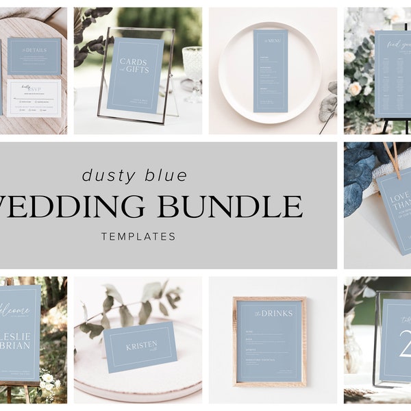 Modèles de bundle de mariage bleu poussiéreux, mariage bleu doux, minimaliste, mariage moderne, invitations, signes, modifiable, téléchargement immédiat, B2