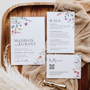 Boho Wedding Invitation Suite with QR Code, Wildflower Wedding Invitation Template, Printable Wedding Invitation, Floral Wedding Invite, S2 image 3