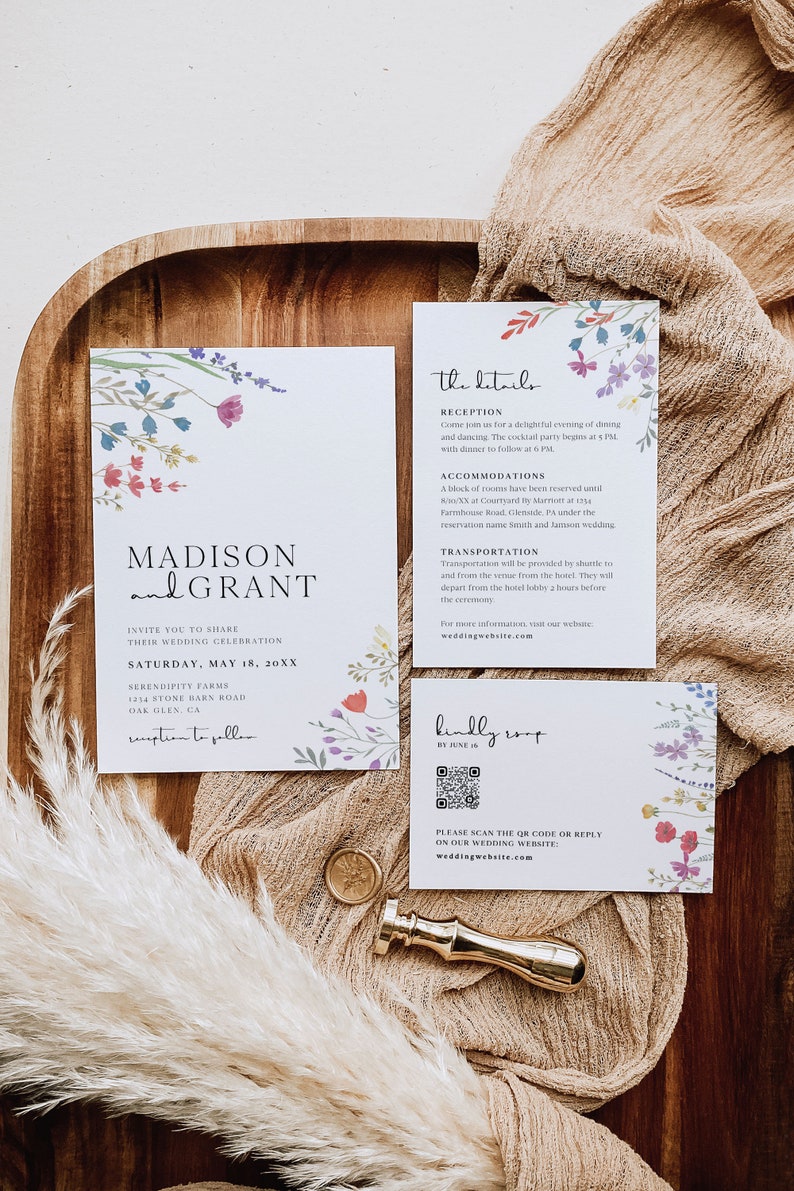 Boho Wedding Invitation Suite with QR Code, Wildflower Wedding Invitation Template, Printable Wedding Invitation, Floral Wedding Invite, S2 image 3