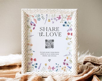 Comparta la plantilla de signo de código QR de amor, letrero de mesa de recepción de boda con flores silvestres, código QR de boda, capture el signo de amor, letrero de foto de boda,S2
