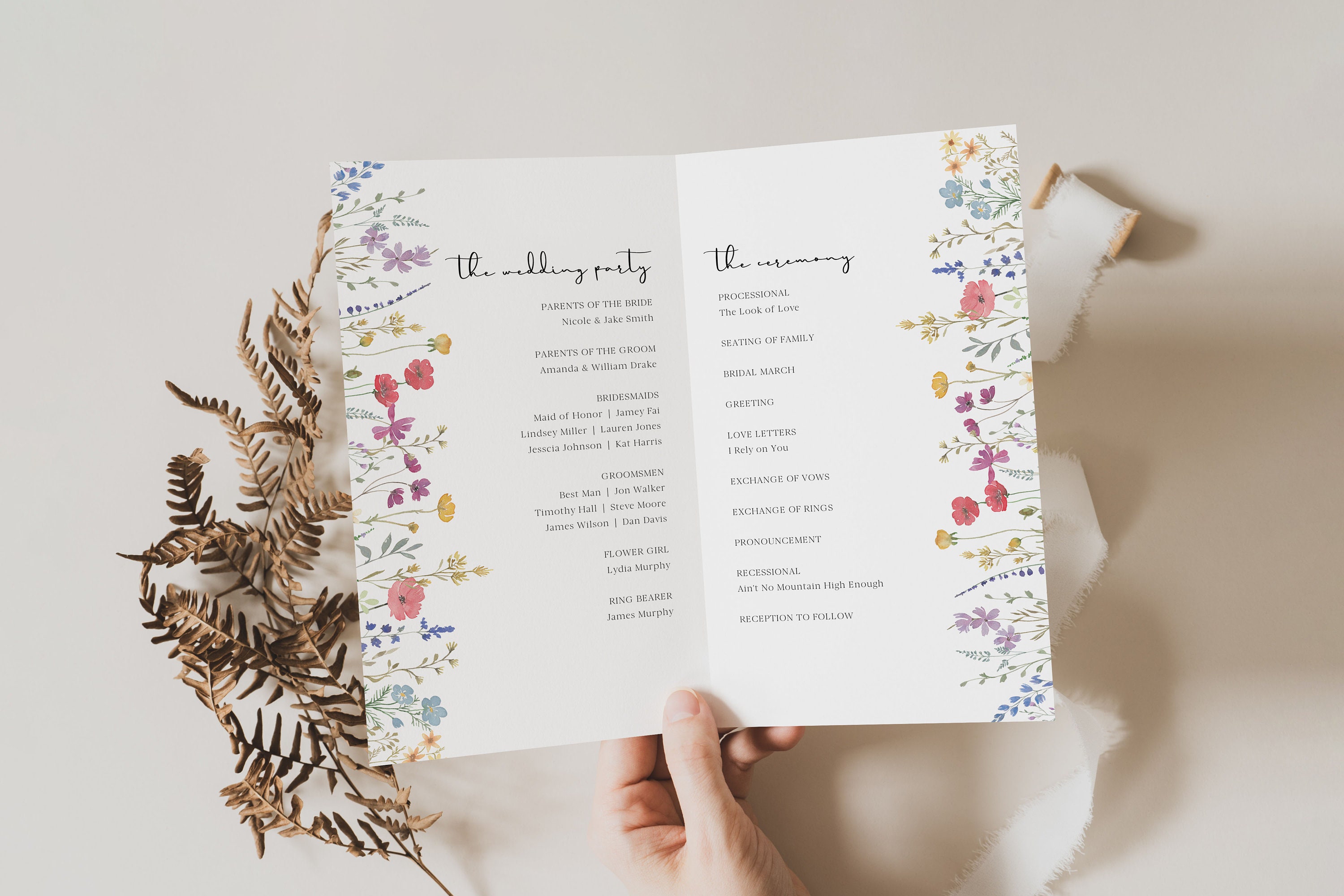 Wildflower Wedding Program Template, Boho Ceremony Program Card, Floral ...