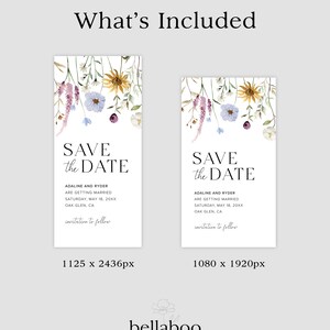 May include: Two save the date cards with watercolor floral designs. The text on the cards reads "Save the Date" with the names "Adaline and Ryder" and the date "Saturday, May 18, 20XX". The cards are 1125 x 2436 pixels and 1080 x 1920 pixels.