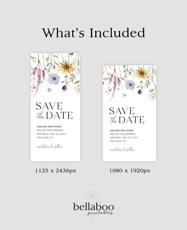 May include: Two save the date cards with watercolor floral designs. The text on the cards reads "Save the Date" with the names "Adaline and Ryder" and the date "Saturday, May 18, 20XX". The cards are 1125 x 2436 pixels and 1080 x 1920 pixels.