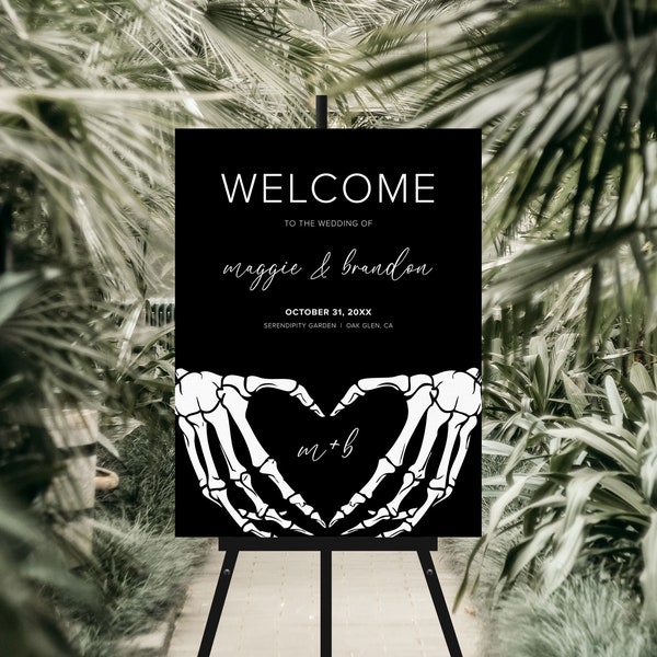 Plantilla de signo de bienvenida de boda gótica de Halloween, boda de mal humor oscuro, hasta que la muerte nos separe, imprimible, editable, descarga instantánea, B1