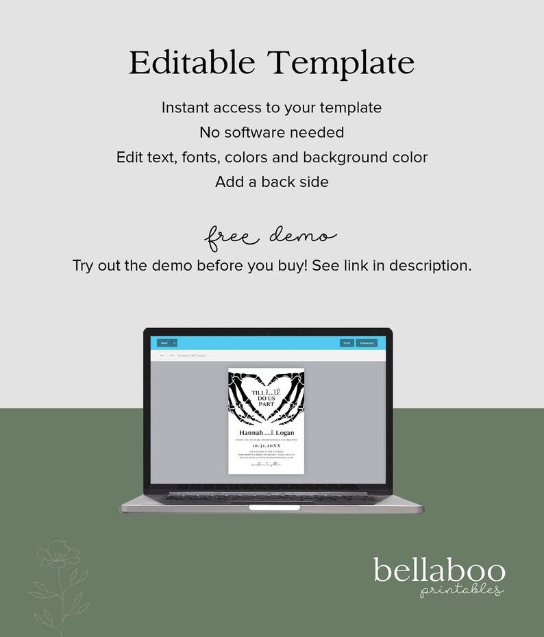 Puede incluir: Plantilla editable para una invitaci&oacute;n de boda de Halloween con un dise&ntilde;o de mano de esqueleto en blanco y negro. El texto dice "Hasta que la muerte nos separe" e incluye la fecha "10.31.2025".