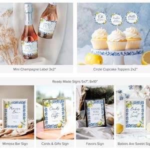 May include: A set of printable baby shower party decorations featuring a lemon and blue floral design. The set includes a champagne bottle label, cupcake toppers, and signs for a mimosa bar, cards and gifts, favours, and a "Babies are Sweet" sign.