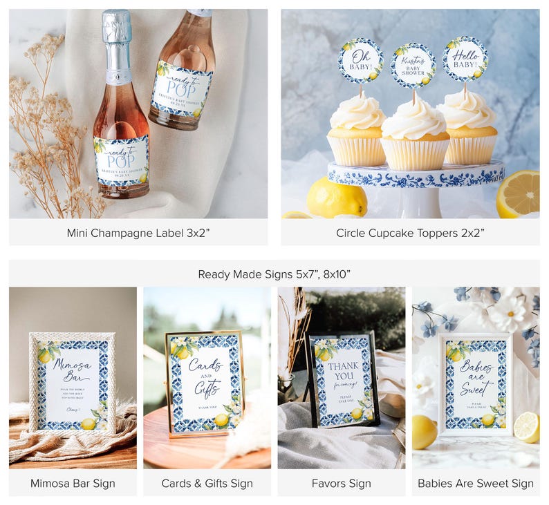 May include: A set of printable baby shower party decorations featuring a lemon and blue floral design. The set includes a champagne bottle label, cupcake toppers, and signs for a mimosa bar, cards and gifts, favours, and a "Babies are Sweet" sign.