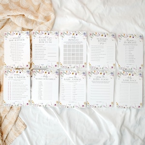 Modelo de pacote de jogos de chá de bebê, jogos de chá de bebê com flores silvestres, jogos florais de chá de bebê, jogos florais de chá de bebê Boho, 5B
